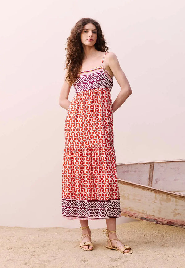 Midi Dress with Straight Neckline in Red