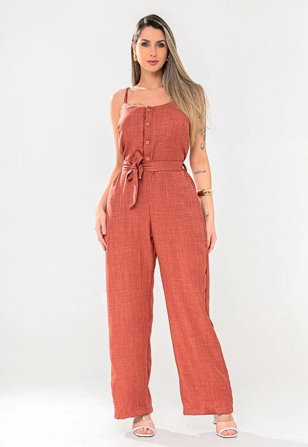 Women's Jumpsuit, Tailored Pantaloons, Front Buttons, Straps, Adjustable Waist, Duna Linen Tie