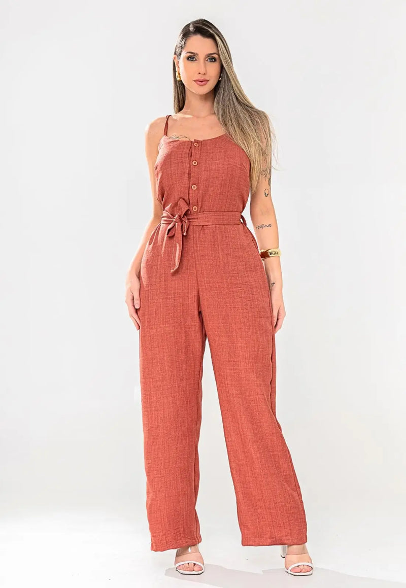 Women's Jumpsuit, Tailored Pantaloons, Front Buttons, Straps, Adjustable Waist, Duna Linen Tie