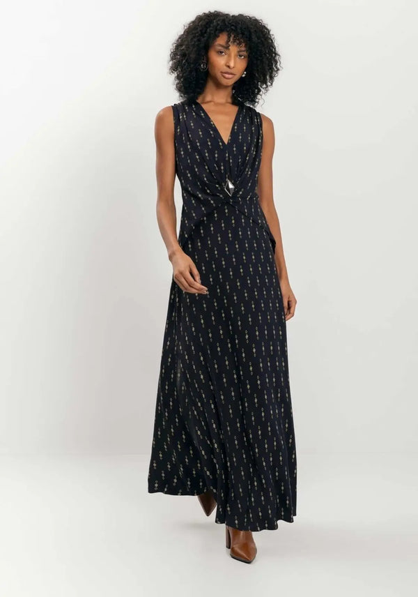 Long Printed Dress with V-Neckline and Embellishment